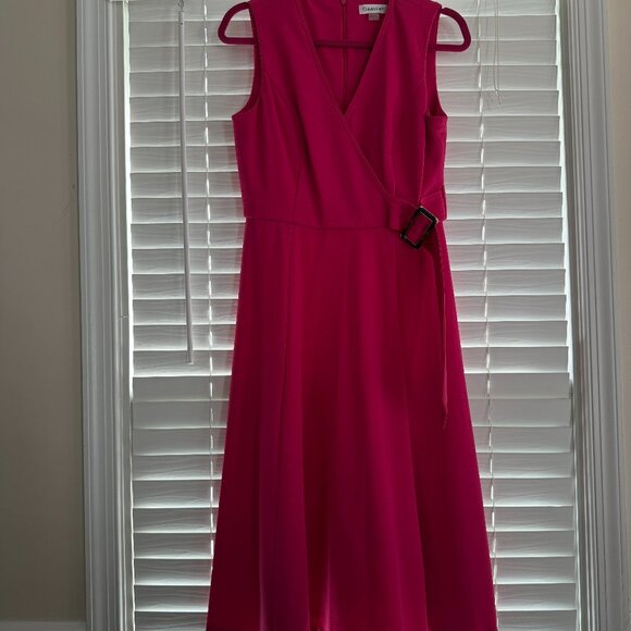 EUC Calvin Klein Surplice Buckle A-line Midi Work Dress Hot Pink (Size: 6) - Picture 2 of 5